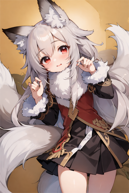  (((Petite, loli)))1girl,red eyes,fox ears,fox tail, animal ear fluff, white hair, black skirt,white fur trim