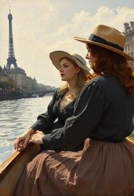 lesbian lovers in a boat on the Seine, 19th century Paris, in the Impressionist style of Renoir, blonde, brunette, copper hair, French boater hat, English boater hat, slim, full figure, 18yo, 35yo, dress, blouse and skirt