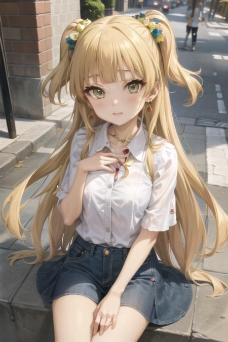 masterpiece, best quality, 1girl, (/RIKA JOUGASAKI/), earrings, jewelry, looking at viewer, shirt, solo, city, sit <lora:RIKA_JOUGASAKI-000012:0.7>