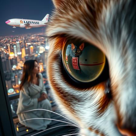 extreme close up portrait of a cat's eye reflecting the a beautiful woman in a bath robe next to a window with a futuristic Tokyo skyline at night from a very high level, the skyline is with futuristic skyscrapers and futuristic transports and futuristic aircraft and spaceships in a variety shapes and sizes, the airships covered with lights and advertisements in Japanese,  reflecting in the cat's eye is a huge airship that has an advertisement with a Japanese cat on the side, the cat's eye has takes up 85% of the image
