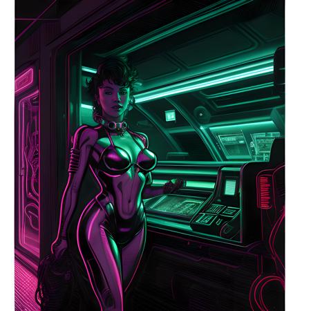 environmental wise shot. cluttered 7/11 interior; a woman wearing streetwear; by Hajime Sorayama, Greg Tocchini, Virgil Finlay, sci-fi, colors, neon lights. line art. Environmental art.  <lora:KarlachBG3:1>