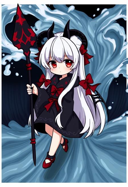 This is a dark-themed cartoon girl character. She has long white hair and red eyes, with black horns on her head. She is wearing a dark robe with red decorations and bows, and red shoes. She is holding a black and red spear or staff. The background features a large flow of water, creating a sense of motion and power.