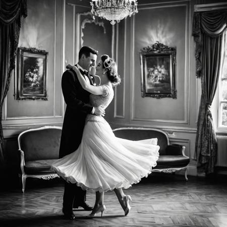 1male, 1female, Graceful couple in stunning vintage outfits, dancing elegantly with poise, retro black and white theme, capturing timeless elegance, focus on the couple as they move gracefully together, with a collection of cherished couple photos displayed in the background, viewed from a bird's-eye perspective, adding depth and a unique angle, enhancing the nostalgic and romantic ambiance.
