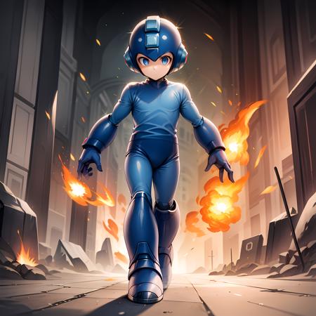 ((masterpiece, best quality)),(complex light), 1boy, solo, full body,  megaman,  <lora:Megaman3-10:0.6>,helmet, blue eyes, walking, destroyed background, fire, floating particles, dust cloud,