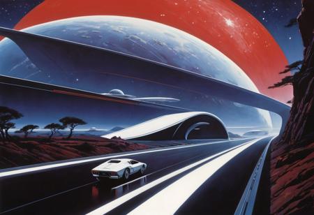 ((vibrant and mystical)) depiction of a {((street with a small suburb nearby))} with {((a bypass road with white lights))}. This is a {((surrealism-inspired))} image that showcases {((a night scene with a starry sky))}. The environment/background should be {((a dark night with a subtle red hue))} to create an {((otherworldly atmosphere))}. The image should be in the style of a {((digital photograph))}, incorporating elements of {((Syd Mead's futuristic landscapes))}. The {((long shot))} shot, captured with a {((wide-angle lens))}, will provide a {((dramatic perspective))}. The lighting should be {((soft and ethereal))}, emphasizing {((the white lights on the bypass road))}. The desired level of detail is {((high))} with a {((4K resolution))}, highlighting {((the subtle red tinge and the starry sky))}. The goal is to create a {((breathtaking and dreamlike)} image that transports viewers to another world with its {((sense of wonder))}.