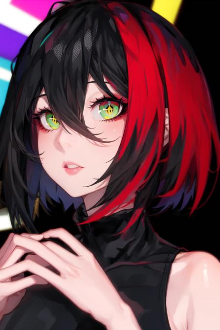 1girl, bangs, black background, black hair, green eyes, hair between eyes, hands on own face, hands up, lam-style, looking at viewer, multicolored eyes, multicolored hair, parted lips, portrait, red hair, short hair, sleeveless, solo, yellow eyes