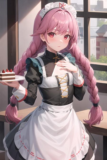 masha_mv 1girl, pink hair, twin braids, long hair, red eyes, witch hat, dress, juliet sleeves, wide sleeves, apron, skirt, bike shorts, boots