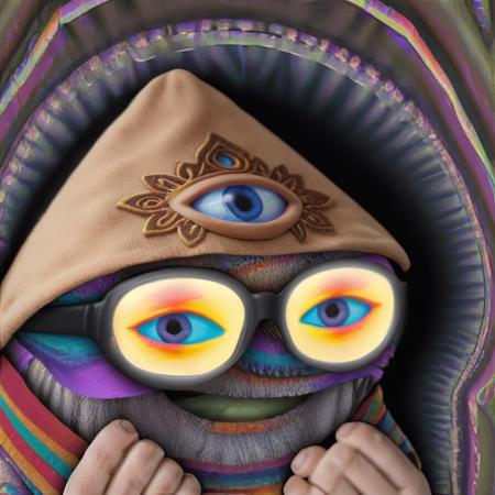 psychonaut sock puppet,prism glasses,third eye,sog,fractal tunnel background,<lora:LasogetteXLv1_1:1>,in the style of alex grey,