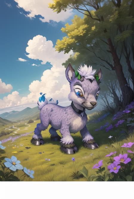 (masterpiece, best quality, highly detailed:1.0), ixi, <lora:Ixi:0.70>, montana, streams, clouds, bluish sky, few flowers, grazing, goat eating grass,black fur, white spots, bright violet eyes