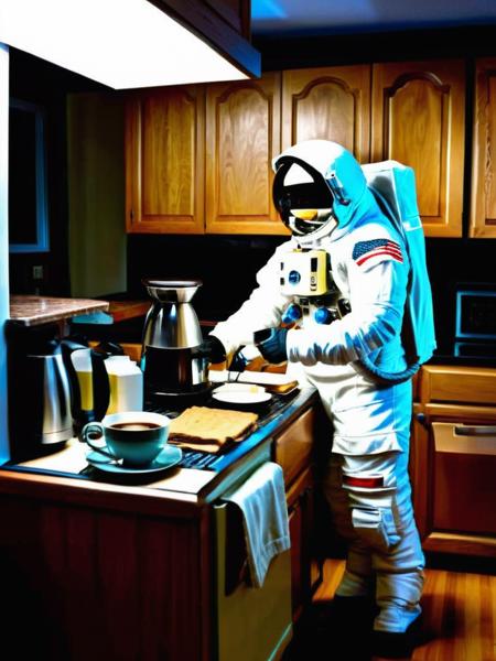 In an ordinary suburban kitchen, the astronaut:1.2 brews a cup of coffee:1.1, the steam rising from the mug:1.15 as they prepare for the day. , <lora:Astro_Life:0.8>