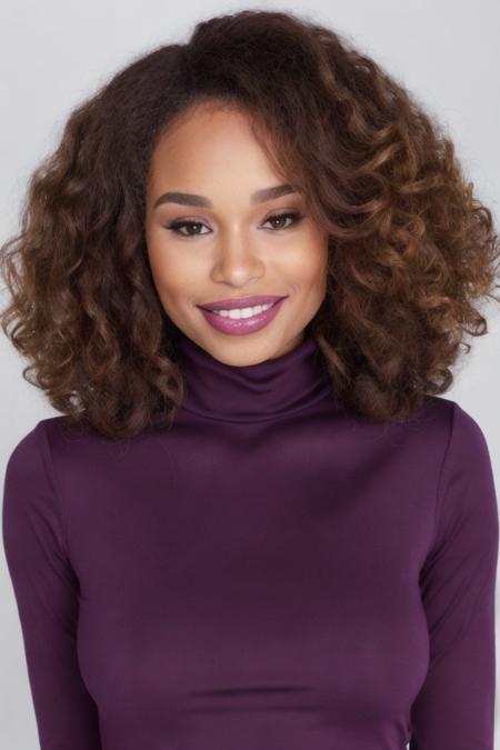 Portrait close up photo of c3c1l14l10n woman, purple turtleneck blouse, makeup lipstick, slight smile