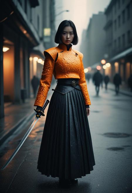 Pg13 rating, photo of samureai girl,21yo, young, cyber armor made of orange peel, long black intricite skirt, katana in hand, (Dull, naturalistic, (overcast lighting), RAW amateur photo, low-lit, Low-resolution photo, shot on a analog film, dark mood , noticeable noise in dark areas, high contrast, dramatic shadows, noisy, mysterious (noir:0.4), Documentary Street Photography style, (Blurred motion, ghosting effect:1.2)), BREAK (Masterpiece, hyper-detailed, refined details:0.5), (Dull, overcast lighting, amateur photo, low-lit, Low-resolution photo,:1.2) very aesthetic, light that highlights the skin details, focusing on face , (tilt shift, focal point, depth of field, chromatic aberration, soft edges, haze, film grain, blurry background, blurry foreground, vignetting:1.3), deep cold shadows, conceptual, contemporary, absurdres, newest, RAW (Hyperrealism:1.1),( by Alessio Albi:1.6) by (Dan McPharlin:0.6) and (Benedick Bana:0.75), (muted colors:1.3)