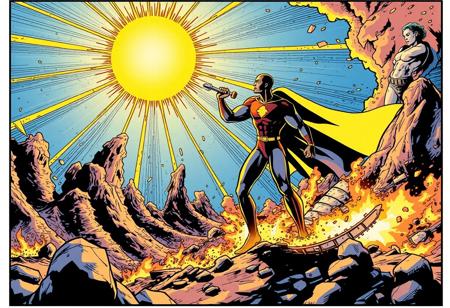 Comic book, a 'super hero' stupidly brings the sun to the Earth's surface, chaos ensues,