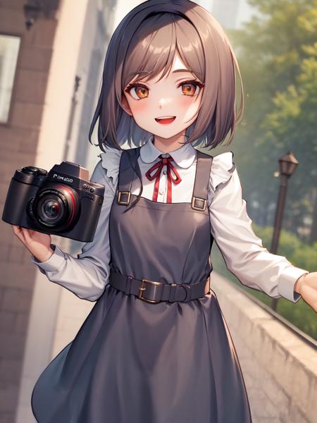 masterpiece, best quality, 1girl, solo, <lora:henp-4:1>,hair_band, short_hair, pinafore_dress,camera,smile,open mouth,