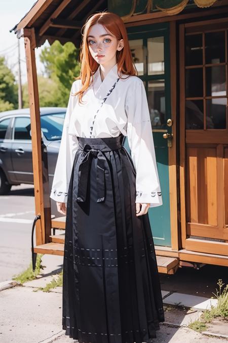 m1ngstyl3d, skirt, long sleeves, standing, white shirt, black skirt, sleeves past wrists,