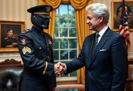 classic cobra commander in an immaculate military dress uniform posing for photo shaking hands with president clinton of the united states in sharp suit inside the oval office, real photograph, gi joe  style, photorealistic, correct hands, correct fingers, presidential seal, vote button, campaign photo, election, elegant scene, cobra insignia
