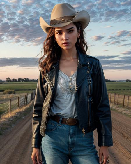 AmberRRchz, close-up, (ultra-realistic, meticulously detailed:1.3) RAW photo of a female rancher, face focus, wearing a cowgirl outfit, fringed leather jacket, artistic composition, standing near an old barbed-wire fence on the Western Kansas plains, expansive emptiness, languid loneliness, (contemplative pose), (by Annie Leibovitz and Rosie Matheson), volumetric lighting, perfect eyes, detailed skin, perfect shading, (masterpiece, best quality:1.5),