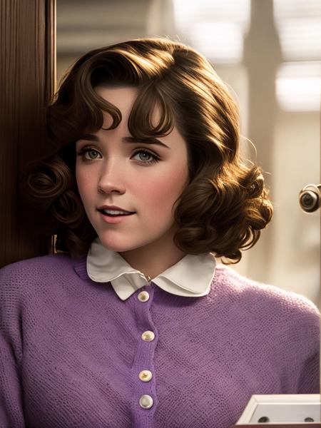 photo of (LorraineBaines:0.99) (wearing a purple sweater:1.1), (with white peter pan collar:1.1), with curled hair, smiling at boyfriend, with a door in the background,  detailed face, realistic skin, high quality, (brown eyes:1.1), Leica 50mm, f1. 4, natural light, grainy, (high detailed skin:1.2)