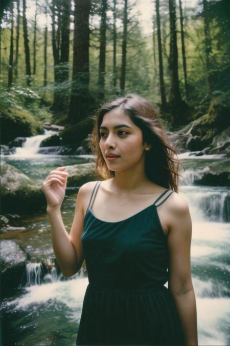 polaroid photo, day photo, park, photo of 24 y.o beautiful woman, pale skin, bokeh, motion blur Indian Girl near waterfall outdoor forest