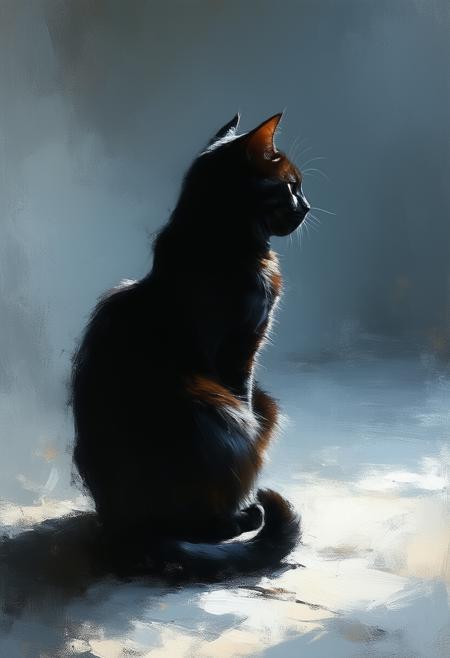 A solitary, thick black cat, a study in luxurious fluff, rendered in a minimalist style. Imagine shimmering white light gently caressing its silhouette against a deep midnight black background. Linear shapes define its form - a subtle curve of the back, the sharp angle of an ear â creating a balanced, almost abstract composition. The impressionistic quality lends a softness and dreamlike feel, while the stark contrast emphasizes the catâs presence. Think Henri Matisse meets digital abstraction; reduction of form, uniformity of texture, a quiet, contemplative scene. Focus on the interplay of light and shadow, creating an ethereal, almost ghostly beauty. 8k, trending on artstation, volumetric lighting, photorealistic, high detail.