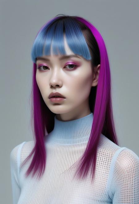 This photograph features a young woman with a striking, avant-garde style. She has a pale skin tone and straight, shoulder-length hair dyed a vibrant shade of magenta, styled in a messy, tousled manner with blunt-cut bangs. Her facial expression is neutral, with a slightly tilted head and closed eyes, giving a contemplative or slightly melancholic impression.
She is wearing a sheer, white, translucent top with a modern, futuristic design. The image is a photograph of a young woman with an East Asian appearance, standing against a plain, light grey background. She has long, straight, dark brown hair and an oval face with high cheekbones and a delicate jawline. Her eyes are almond-shaped and she has a subtle, natural makeup look with a focus on her lips, which are slightly pursed. She is wearing a light blue, long-sleeved, ribbed knit top that fits snugly, highlighting her petite frame. The image is a high-fashion photograph featuring a striking, stylized portrait of a person with dark skin and an elaborate, avant-garde hairstyle. The subject's hair is styled in a voluminous, sculptural arrangement, featuring multiple, large, intricately crafted pieces made from various materials. These pieces include netted sections in white, yellow, green, blue, and purple, as well as black hair extensions styled to mimic the appearance of woven or knitted textures.