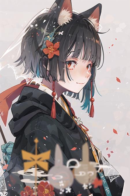 KoiKoi, 1girl, animal ears, blunt bangs, blush, closed mouth, falling petals, flower, fox ears, fox girl, hair flower, hair ornament, japanese clothes, kimono, makeup, petals, red eyes, red flower, smile, solo, upper body, white hair, white kimono, uchikake, veil, white background, from side, bangs, looking to the side, animal ear fluff, profile, looking away, multicolored eyes, looking at viewer, wataboushi, hood, bride,
  <lora:KoiKoi:1>