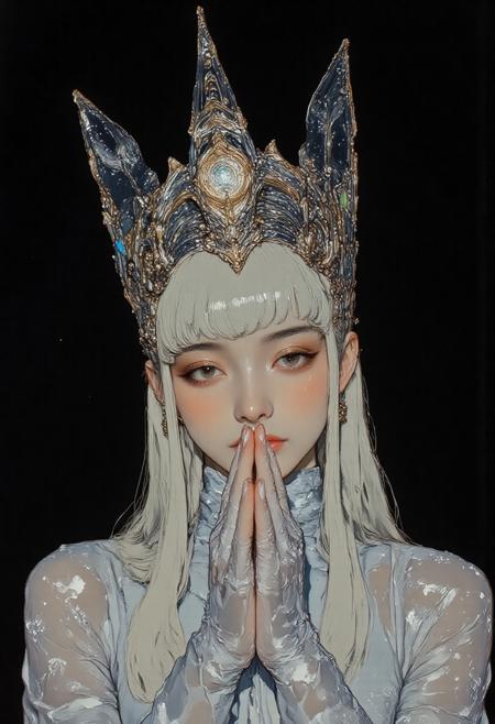 High quality, highly detailed, hyper realistic, 8K, masterpiece, Leica M11, 50mm f/1.2 lens, cinematic lighting, natural bokeh, pingtu style, illustration-fen, niji, gothic, erotic, anime — photograph, artistic fashion portrait. A pale-skinned woman with nearly translucent complexion and long, straight platinum blonde hair with blunt bangs poses with eyes closed and a serene expression. Her interlaced fingers gently cover her mouth and nose. She wears a sheer, shimmering lace or tulle dress with delicate sparkle. An elaborate metallic headdress crowns her head, composed of intricate silver and gold patterns, stars, and fine feathers. Captured in a centered, eye-level close-up, the scene is set against a solid black background, intensifying the contrast with her luminous appearance. Lighting blends warm and cool tones with a spectral focus on green and blue highlights, crafting an ethereal glow across her face and accessories. The entire composition is text-free, emphasizing elegance, fantasy, and visual purity in a dramatic, dreamlike mood.