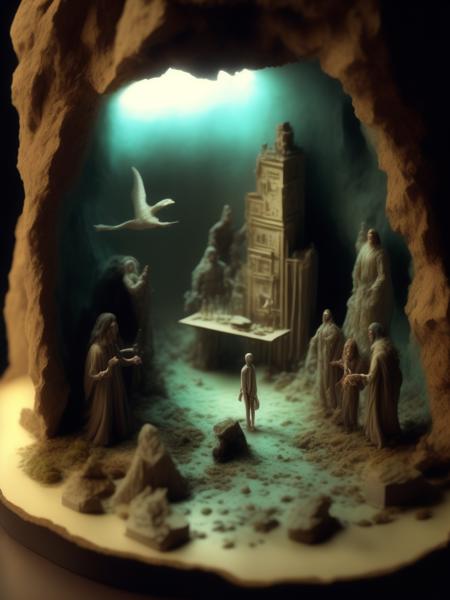 <lora:DIORAMA:1>the rapture, miniature set, cave, invasion, apparitions, possession, in the style of walter wick