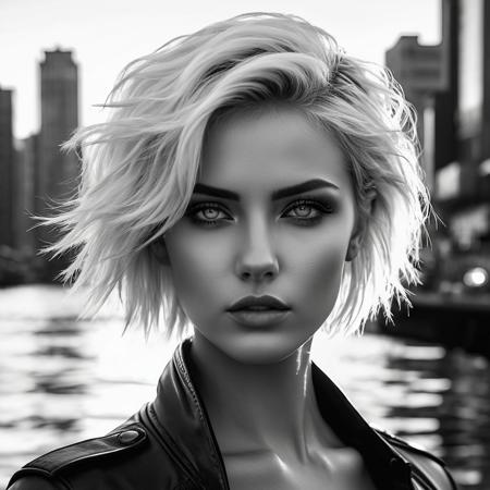 A striking portrait of a beautiful woman with short, tousled platinum blonde hair, intense eyes, and sharp facial features. The artwork is in a semi-realistic, high-detail black-and-white style with a cyberpunk and futuristic aesthetic. The background features a surreal cityscape, blending into her figure with an abstract, painterly effect. One side of the city is dark and shadowy, while the other side is illuminated by a glowing, golden sunset, reflecting off the water. The composition is dynamic, with a mix of fine details and expressive brushstrokes, creating a dreamlike and cinematic atmosphere.