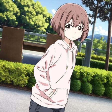 best quality,Nishimiya,1girl,cowboy shot,blue sky,tree,solo,looking at viewer,short hair,brown hair,brown eyes,pink hoddie,long sleeves,black pants,hands in pocket,upper body, <lora:ShoukoNishimiya :0.7>