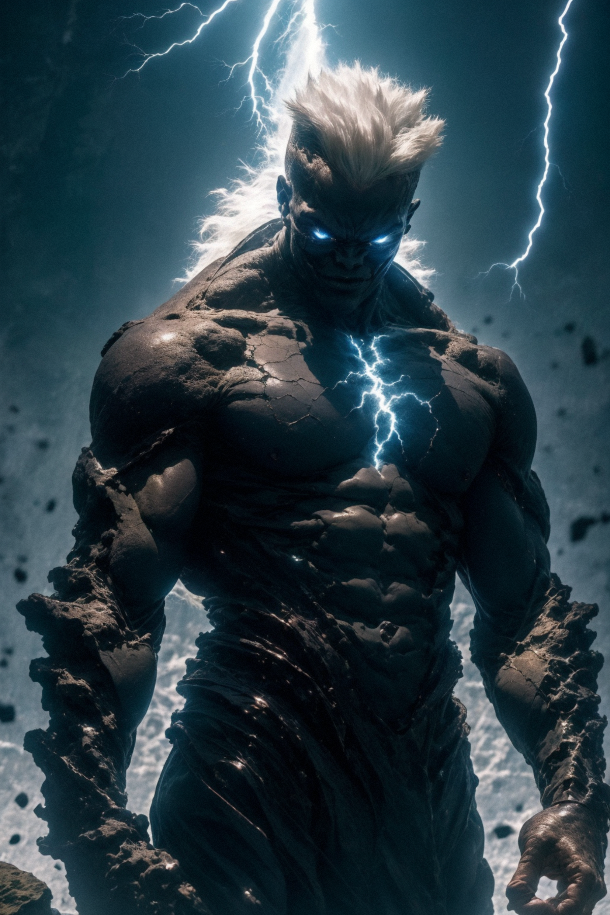 A muscular man with electrical bolts coming out of his chest and blue eyes.