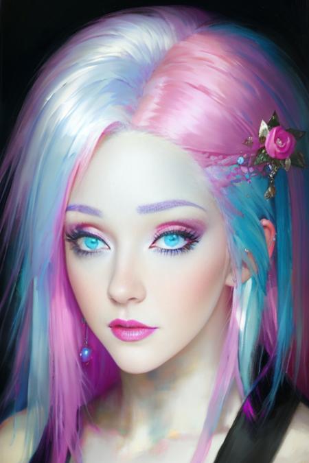 1girl,painting \(medium\),masterpiece, blue eyes,pink hair,white hair,multicolored hair, masterpiece,looking at viewer, best_quality, face ,lipstick  <lora:ruanjia-style-000004:0.8>