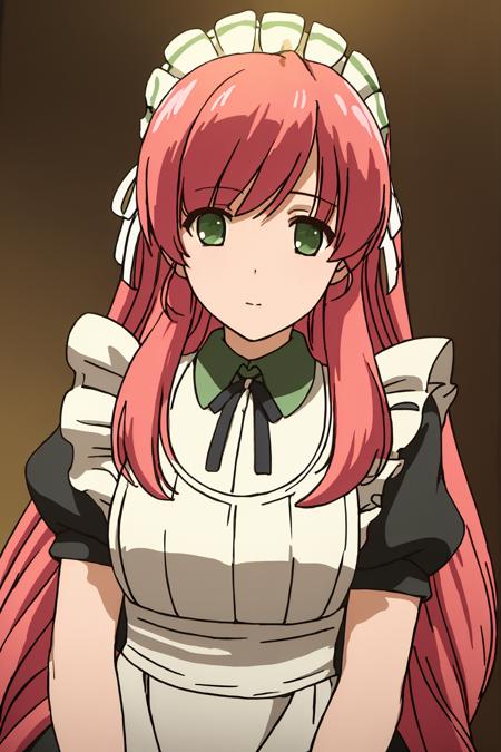 ((masterpiece)), (( best quality)), 1girl, solo, long hair, pink hair, maid headdress, green eyes, maid, apron, ribbon, looking at viewer, upper body, maid apron, bangs, puffy sleeves, empty eyes, <lora:Naigurato-lion8bit-noreg:0.7>,