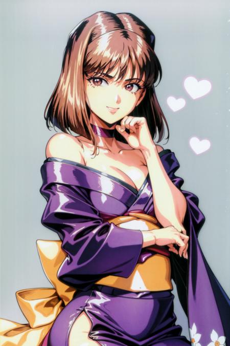 masterpiece, best quality,1990s \(style\),headband,sumire kanzaki, smile, heart, collarbone, cleavage, hand on own face,