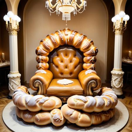 a throne room sculpted from oversized buns, throne armrests shaped like braided challah, floor made from compressed sweet bread crumbs, chandeliers dripping with honey glaze, scent of warm dough filling the golden-lit space, Buns
