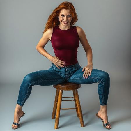 Tall attractive and athletic broad shouldered red haired woman with tight blue jeans, wearing very high cut dark red leotard underneath the jeans, sitting on stool, wearing sandals, toes pointing down, legs spread very very wide open, touching her hips and tugging on her leotard, smiling mischievously at viewer