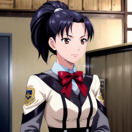MaiShibamura,1girl,ponytail,  uniform,bow,emblem,shirt tuck-in, shorts, pantyhose,(socks:1.1),