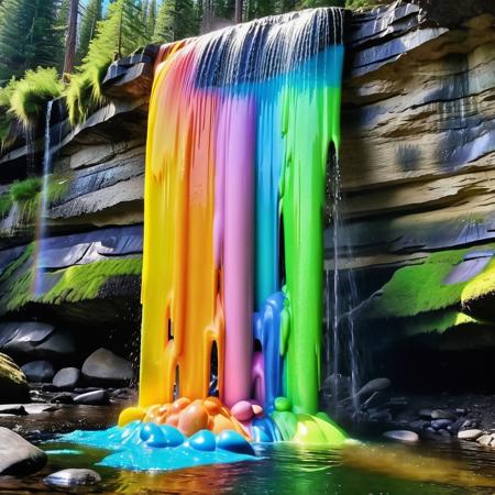 real photo of a ukj style waterfall, canadian wilderness, powerful forceful waterfall of  rainbow goo,  hilarious scene, shattering glass, 8k, best quality <lora:rainow_sdxl_ukjstyle_v111602-000003:1>