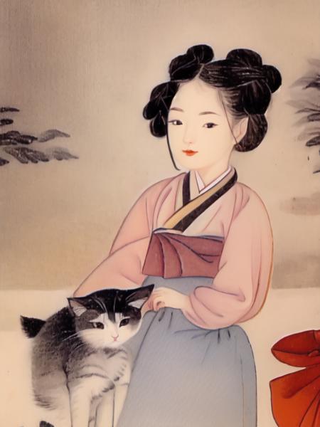 shinyunbok anime, (exceptional, best aesthetic, new, newest, best quality, masterpiece, extremely detailed, waifu:1.2), portrait of a girl holding a cat