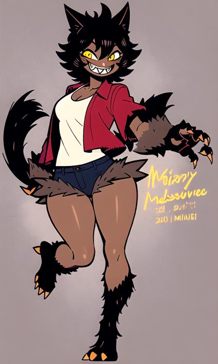 rudy, werewolf, (masterpiece:1.2), (best quality:1.2), full body, ((small breasts, short:1)), 1girl, solo, complex lighting, simple background, short messy hair, black hair, dark skin, (red jacket, denim shorts:1.1), cute, adorable, extremely detailed face, (sharp teeth, yellow sclera, black pupils )+, large eyes, (charming smile, happy)+, blush,