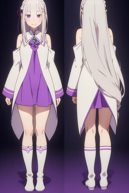 1girl,emilia (re:zero),pointy ears,grey hair,white hair,very long hair,blunt bangs,purple eyes,