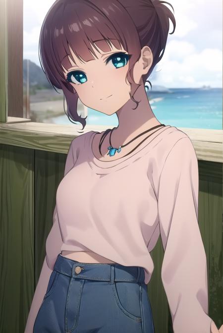 akari sakishima, short hair, blue eyes, brown hair, ponytail, jewelry, pants, necklace, denim, collarbone, long sleeves,