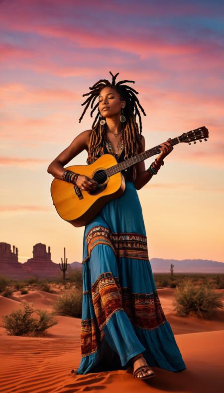 A woman wearing a bohemian outfit, with dreadlocks, desert sunset, playing a guitar, illustration.