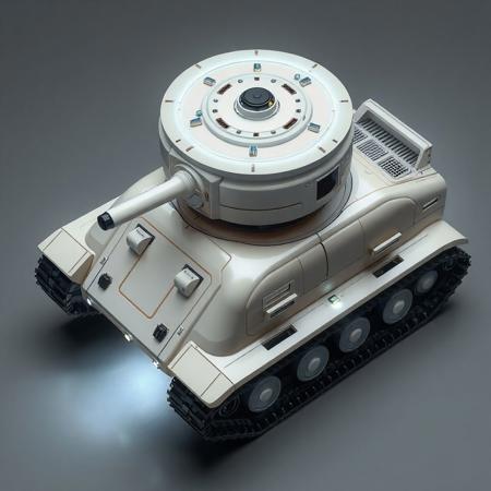 ((top view)), (tank),
Compact boxy tank with soft rounded edges and a rotating nanite field ring on top.
Chassis: Smooth pearl-colored plating grown from engineered minerals. Gentle concave hull lines simulate growth rings.
Tracks: Small caterpillar treads reinforced with self-healing mesh. Slightly translucent armor skirts.
Details: Repair drones dock into dorsal ring. Nanite discharge ports glow when self-repairing.
Lights: Constant soft white glow beneath tank; nanite ring pulses when active.