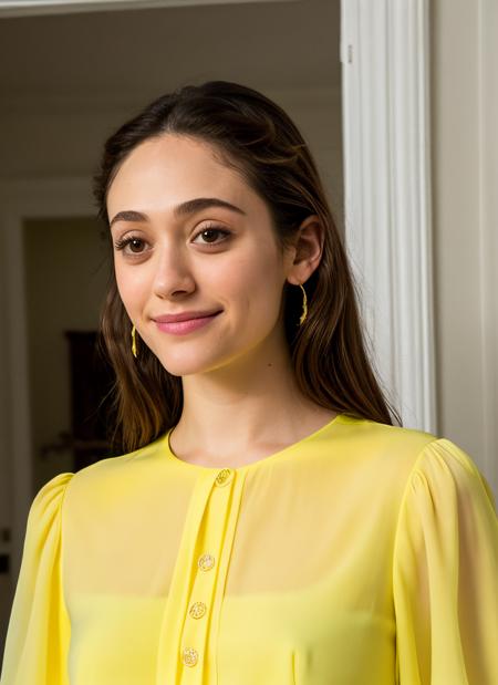 RAW photo, emmy rossum <lora:Emmy Rossum LoRA:0.65>, happy, wearing Bright Yellow Blouse, (high detailed skin:1.2), 8k uhd, dslr, soft lighting, high quality, film grain, Fujifilm XT3