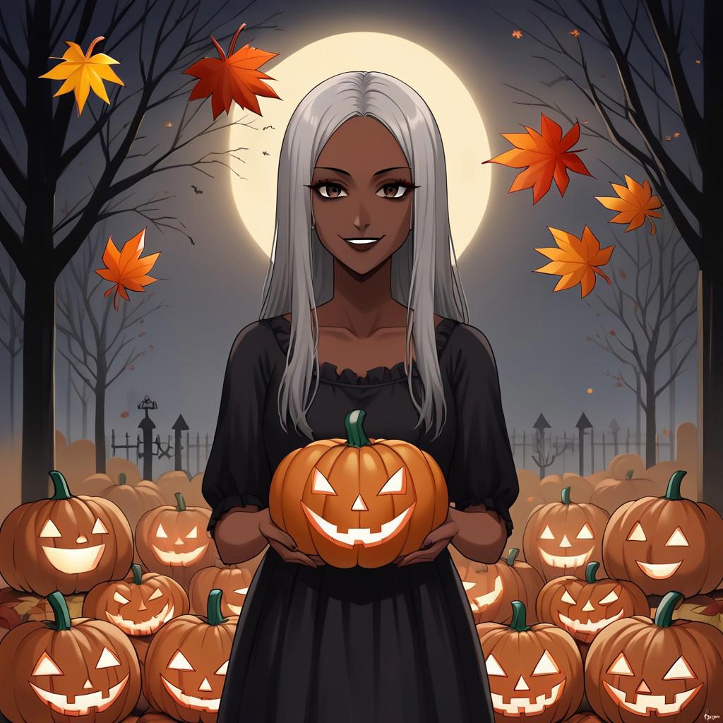 Portrait,looking at viewer,evil smile,outdoors,posing,Long hair,High quality,masterpiece, solo,1woman,((old woman)),beautiful woman,((dark skin)), long grey hair,brown eyes,black dress,k3h03,halloween, pumpkins, night, darkness, gothic, autumn leaves