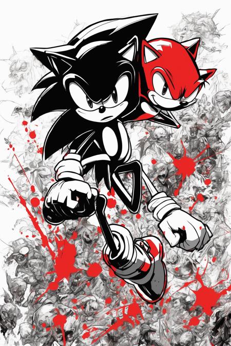 Jim Mahfood Style - sonic the hedgehog, By Marc Silvestri, trash polka style, woman zombie, action pose, comic, heavy linework, agressive, woman in black and white, red tones and black background