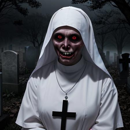the nun, monster face,at graveyard, foggy, dark and creepy, red eyes, crying blood