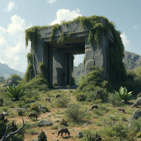 An ancient monolithic structure sits inactive and overgrown after millennia of inactivity. The landscape around it is covered in alien wildlife and flora.