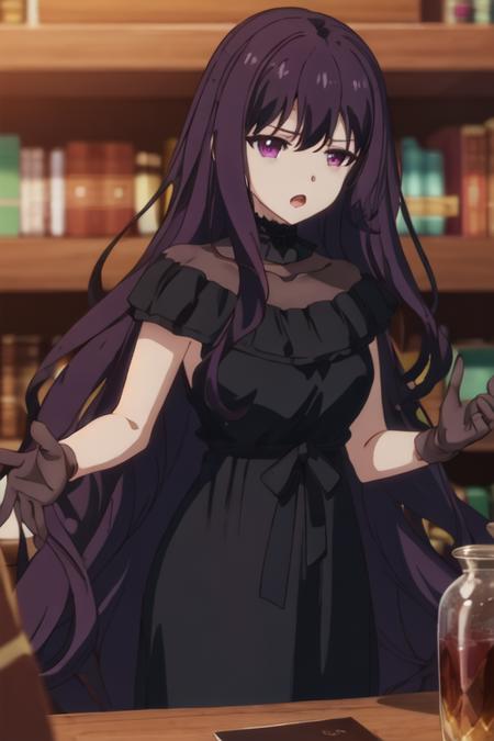 best quality, masterpiece, highres, solo, {tilty_claret_tenseioujototensaireijounomahoukakumei:1.15}, long_hair, bangs, purple_hair, purple_eyes, black_hair, blurry, 1girl, black_dress, dress, red_eyes, blurry_background, bookshelf, upper_body, brown_hair, collarbone, open_mouth, hair_between_eyes, indoors